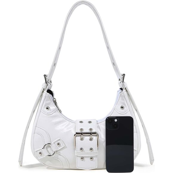 Women's Studded PU Leather Tote Handbag Adjustable Strap Boho Bags -White - Picture 10 of 11